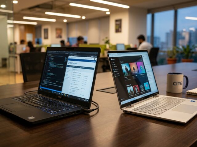 Commercial enterprise laptops vs consumer laptops comparison on modern office conference desk