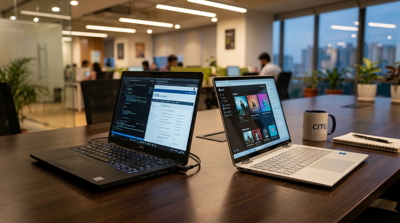 Commercial enterprise laptops vs consumer laptops comparison on modern office conference desk
